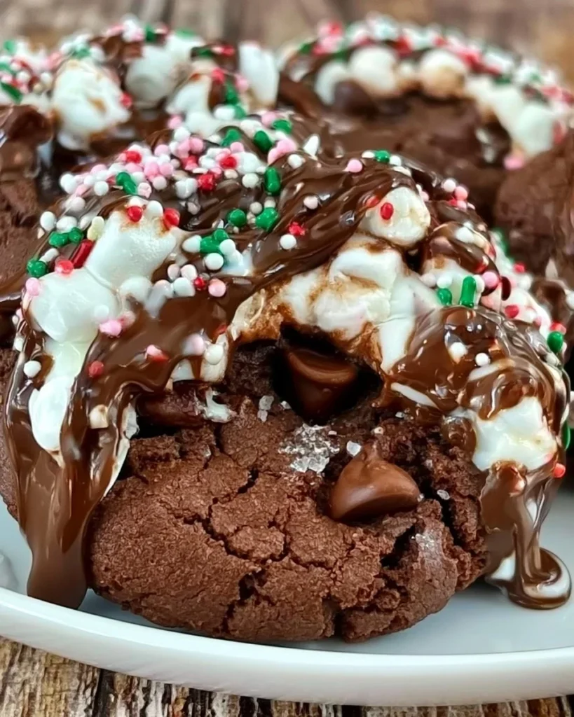 Delicious Christmas Hot Cocoa Cookies topped with marshmallows and chocolate drizzle.