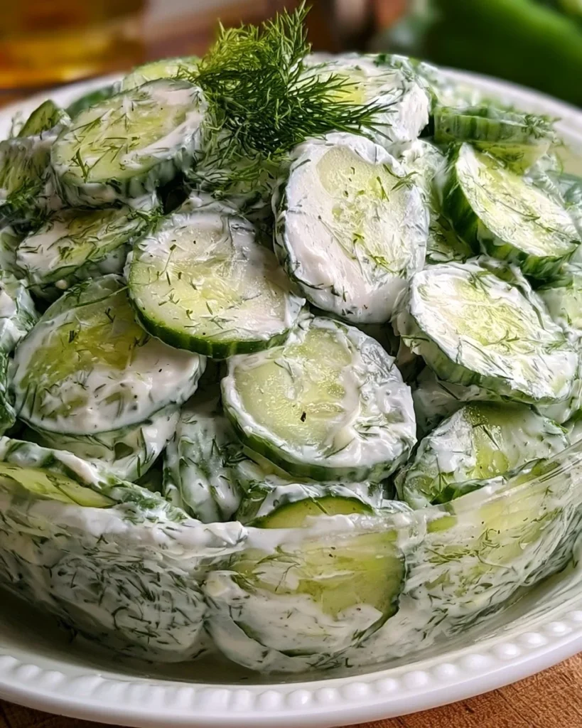 Bowl of creamy cucumber salad topped with herbs and spices