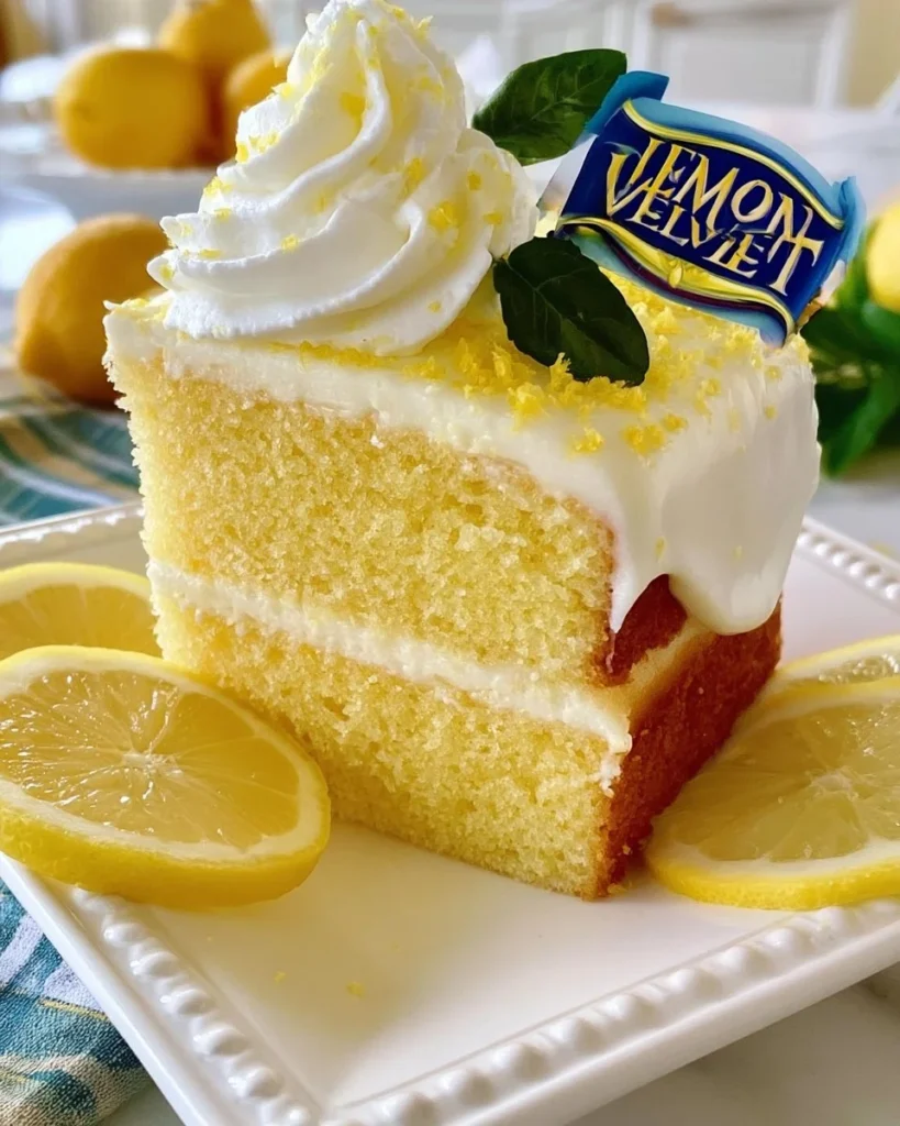 Delicious lemon velvet cake with creamy frosting and lemon zest decoration