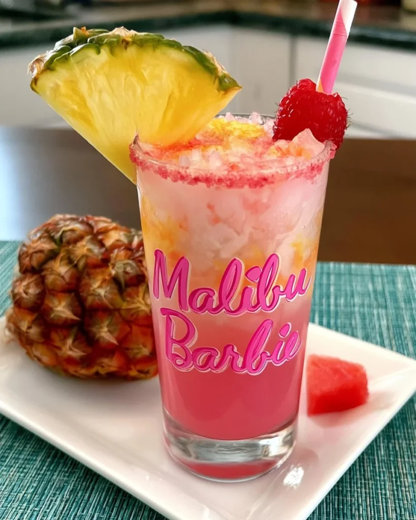 Colorful Malibu Barbie drink served in a tropical setting with beach accessories