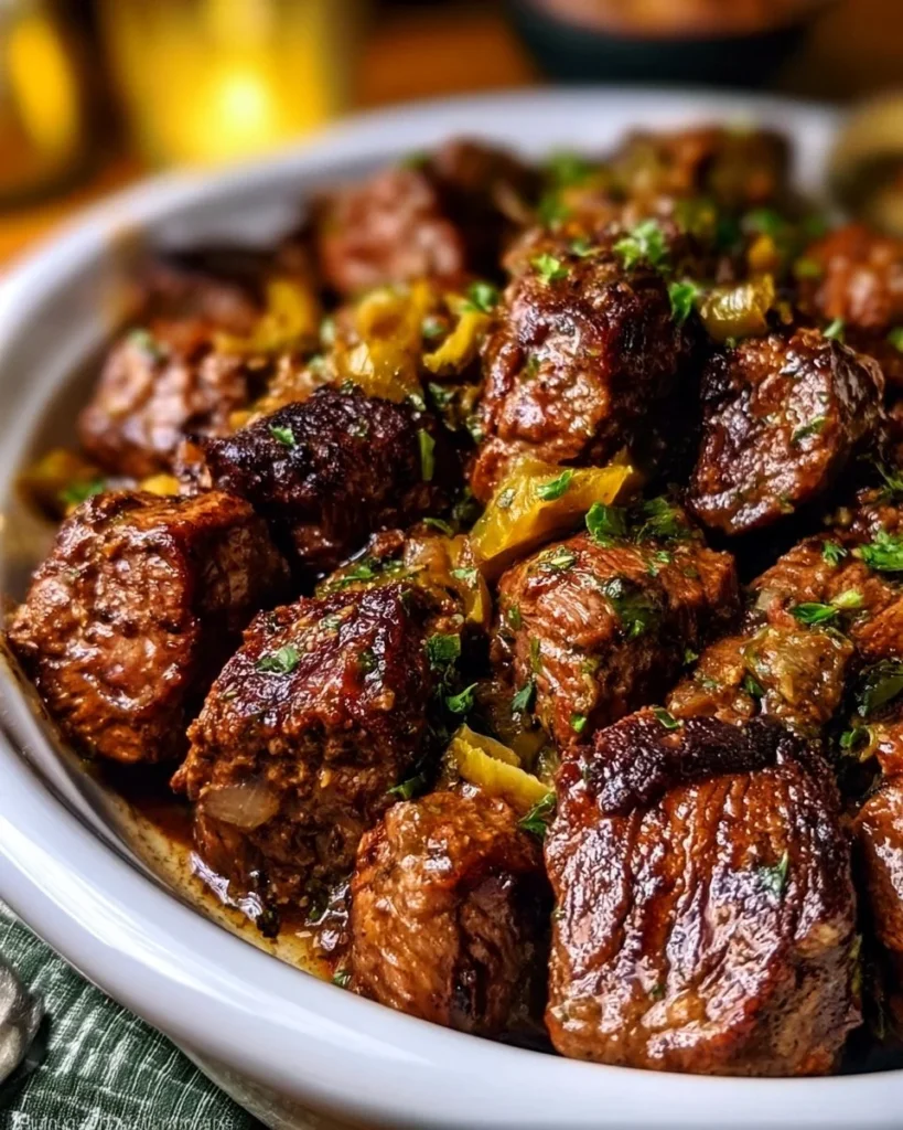 Delicious Mississippi Steak Bites served on a plate with herbs.