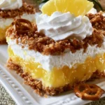 Delicious Pineapple Pretzel Salad served in a bowl with colorful layers.