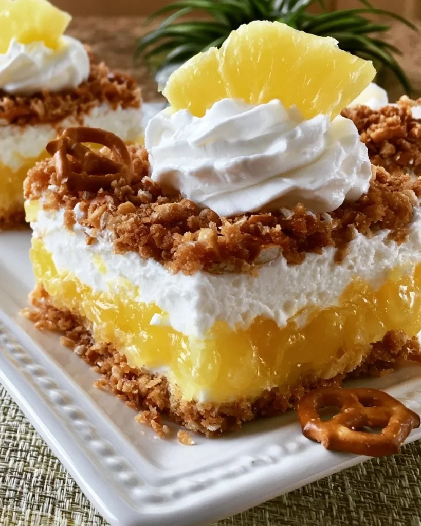 Delicious Pineapple Pretzel Salad served in a bowl with colorful layers.