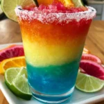 Colorful Rainbow Margarita in a glass garnished with lime and salt