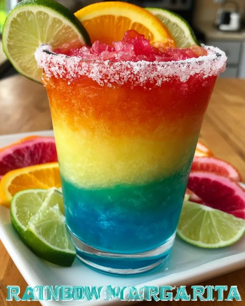 Colorful Rainbow Margarita in a glass garnished with lime and salt